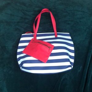 Bass Navy Striped faux Leather Tote with Wristlet